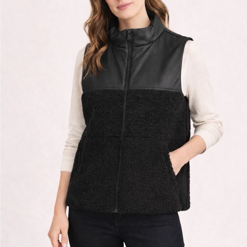 Faux Leather RSQ Vest Sherpa Black Full Zip Up Moto Jacket Sleeveless Size L EUC